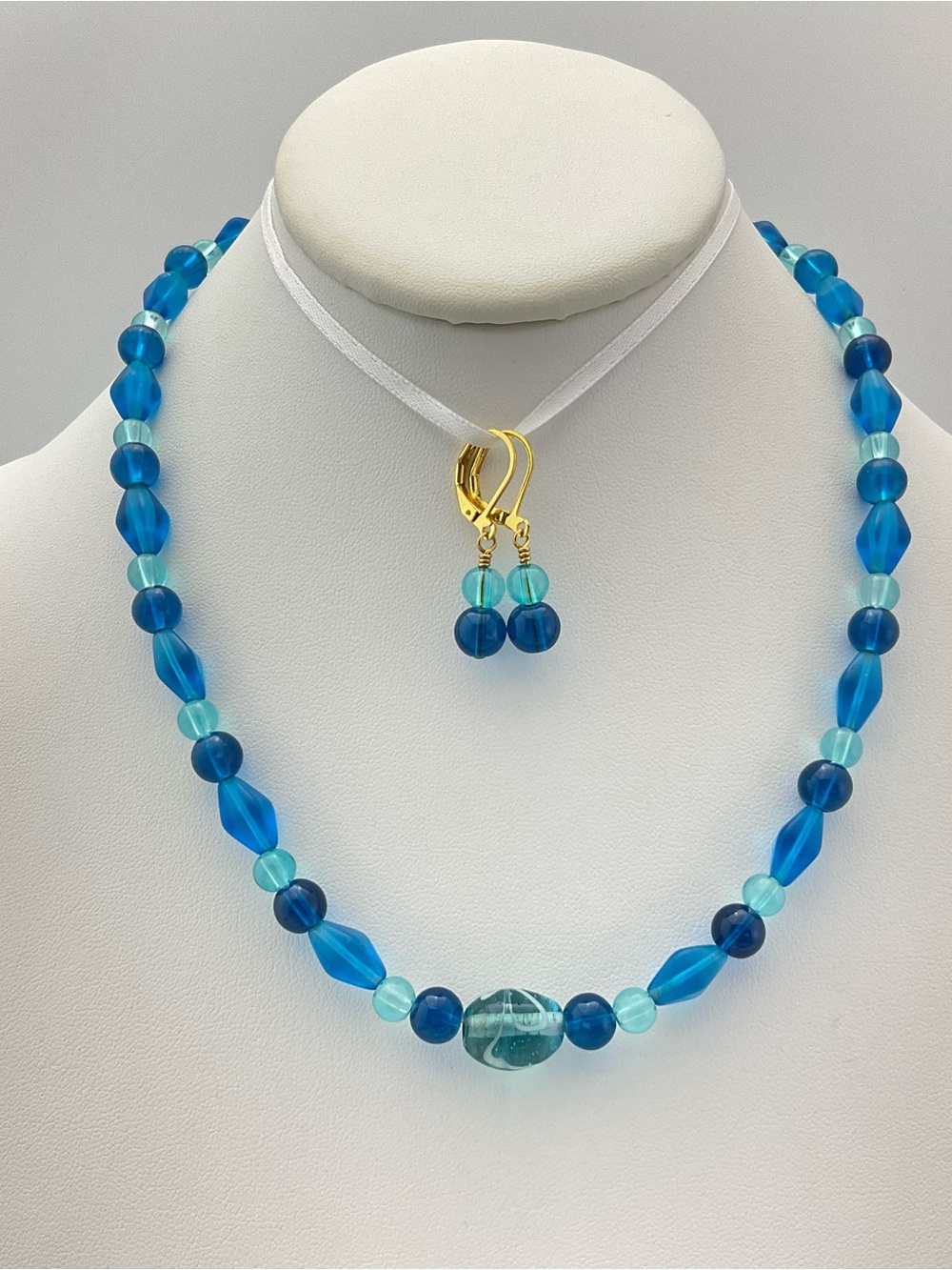 Blue Vintage Bead Necklace & Earrings Set, Aqua, Azure, Handmade, Colorful